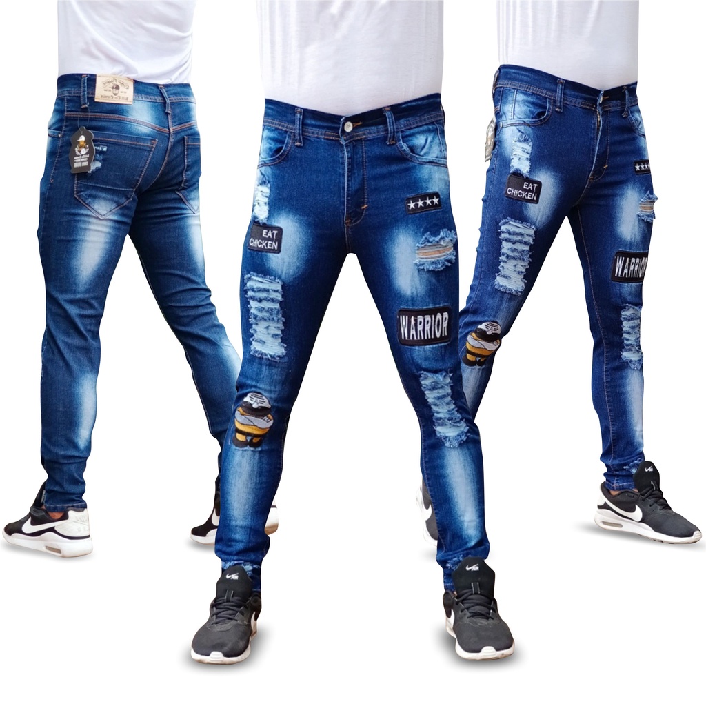 Celana Jeans Pria Ripped Emblem Sobek Lepis Premium Lepis Panjang Jins Crop Robek Lutut Premium