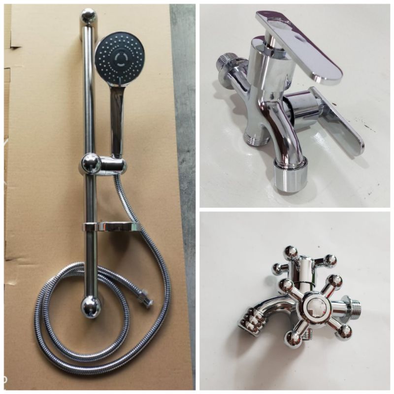 Hand Shower Tiang Standing + Keran Kran Cabang Double 2 Lobang Kamar Mandi Set Komplit Murah