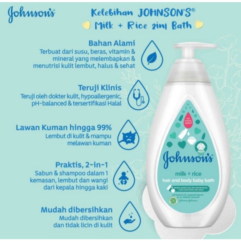 Johnsons Milk Rice Hair &amp; Body Baby Bath/Sabun Bayi 2in1 500ml pump/ Refill 400ml dan 200ml/Sabun Mandi Bayi