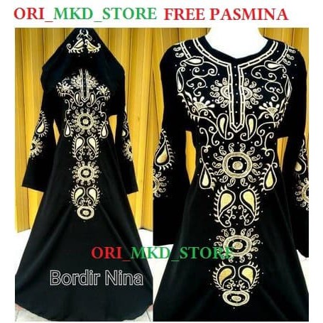 NEW MT GAMIS ABAYA DUBAI INDIA ARAB MURAH HITAM + BORDIR NINA + FREE PASMINA