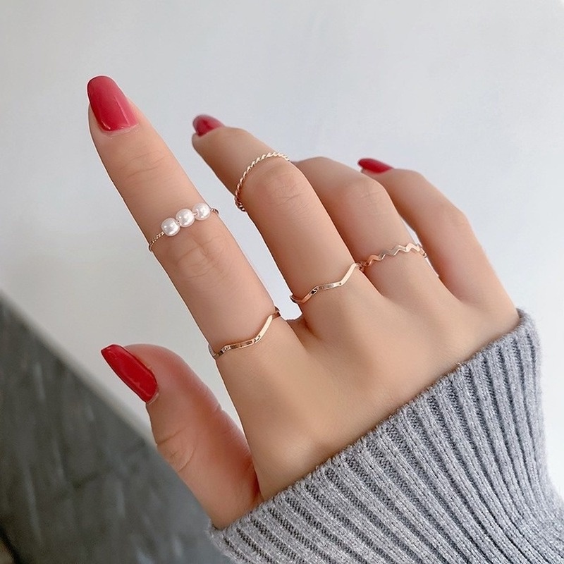 5pcs / Set Cincin Jari Bahan Logam Hias Mutiara Bentuk Geometri Adjustable Untuk Wanita