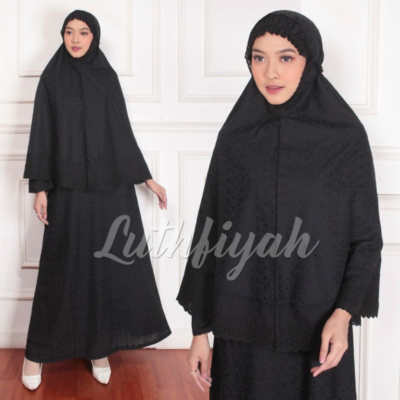 Set Gamis Hijab Bergo Katun Jepang Bermotif Timbul Setelan Baju Muslim Wanita Haji Umroh Kekinian