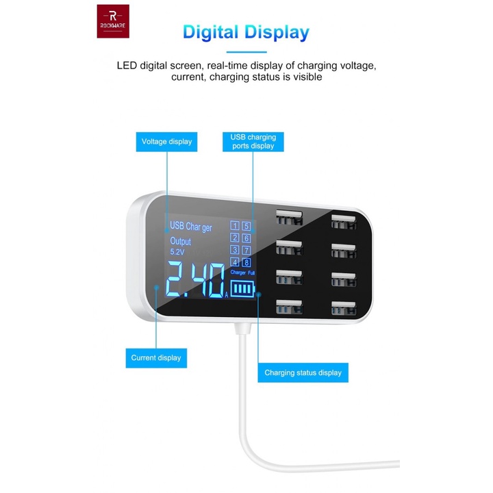 ROCKWARE WLX-A9S - Charger Mobil 8 USB Port dan Layar LCD (40W Max)