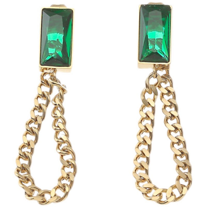 Anting stud rantai zircon hijau titanium anti karat