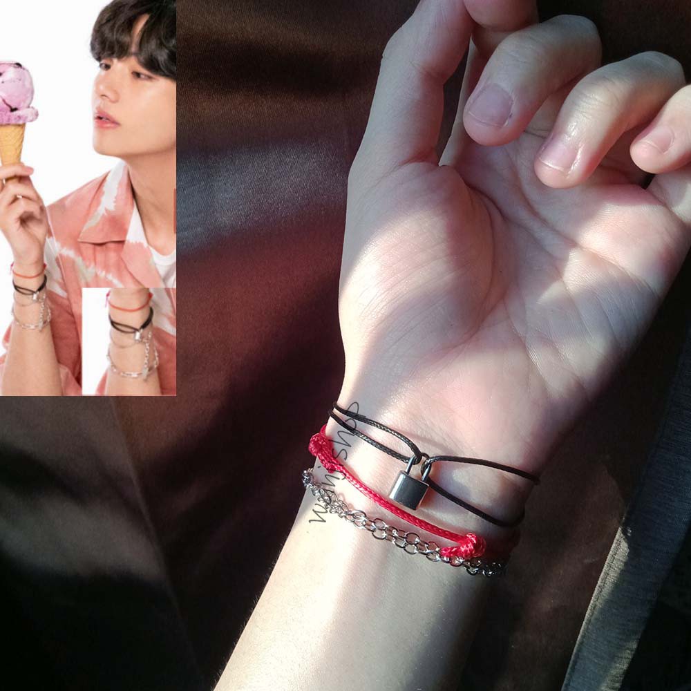 Gelang tali 1 SET PREMIUM TAEHYUNG V BTS / Rantai Stainless Steel /PadLock bracelet