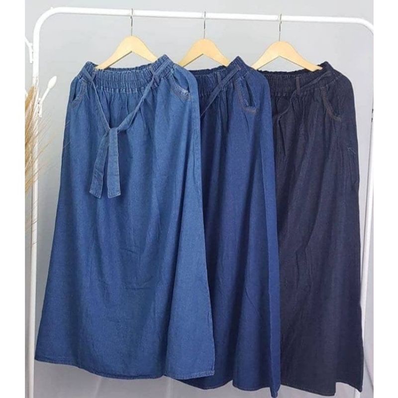 Rok Jeans Wanita Jumbo Tali Panjang 90cm || Rok Jeans Jumbo Wanita Tali Karet 126cm
