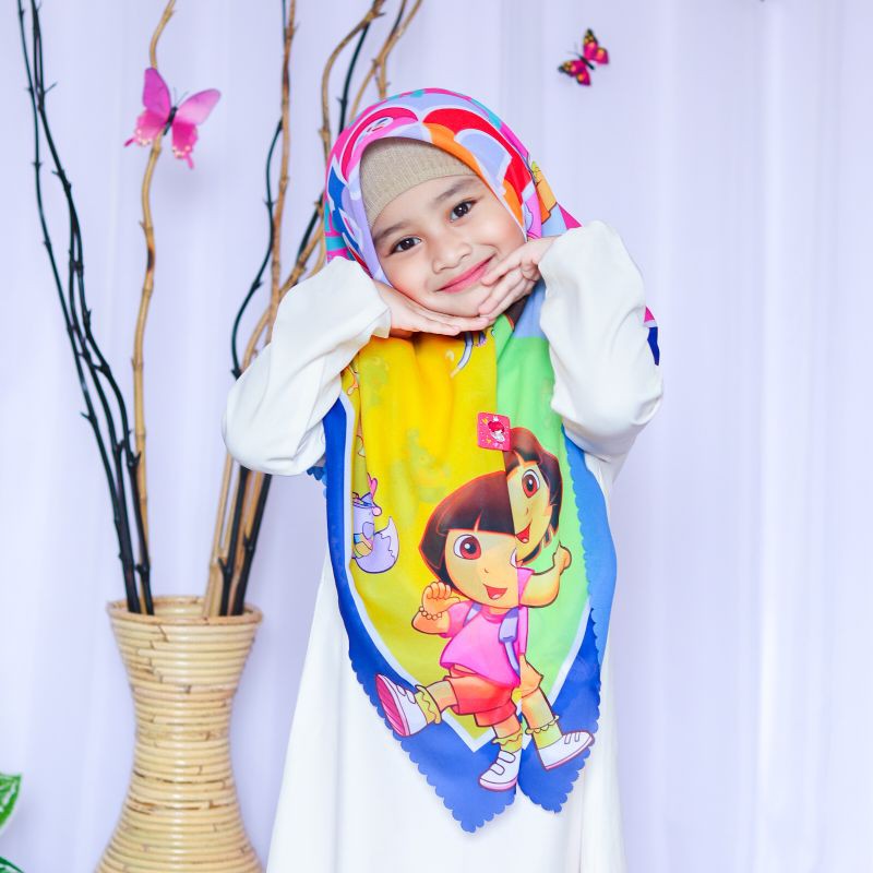 VOAL PRINTING ANAK MOTIF DORA / HIJAB ANAK DORA / JILBAB ANAK DORA / KERUDUNG ANAK DORA