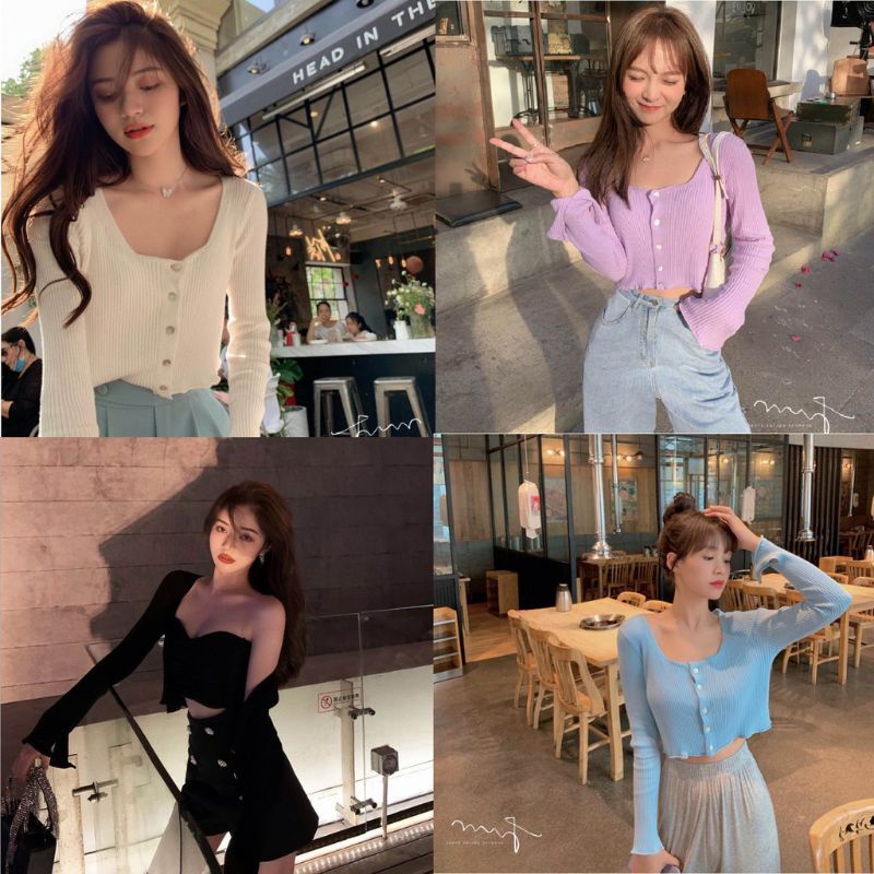 Blus Crop Top Longsleeve Rib Kancing / Blouse Atasan Korea Wanita Aksen Lengan Celah