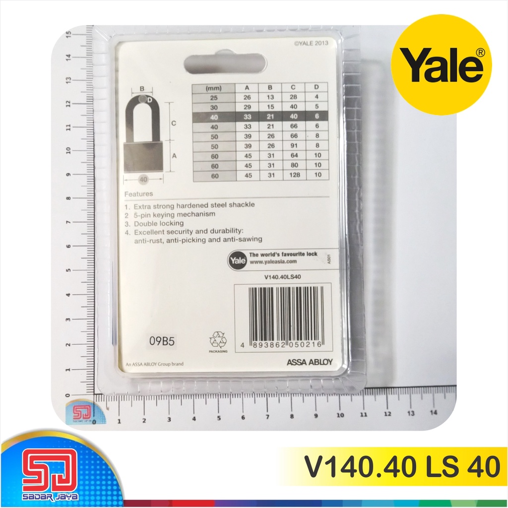 Yale V140.40 LS 40 Gembok Pagar Tralis Kuningan 40mm Leher 40mm Padlock Brass Hardened Steel