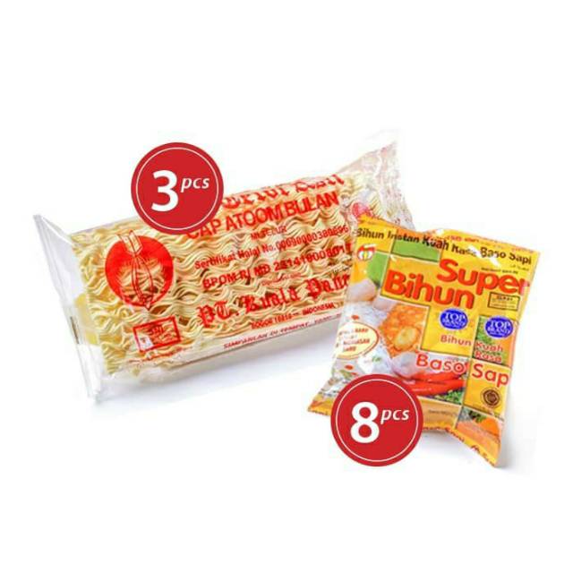 Paket F - Mie Telor Asli Cap Atoom Bulan / Atom Bulan (3 pcs) + Super Bihun Baso (8 pcs)