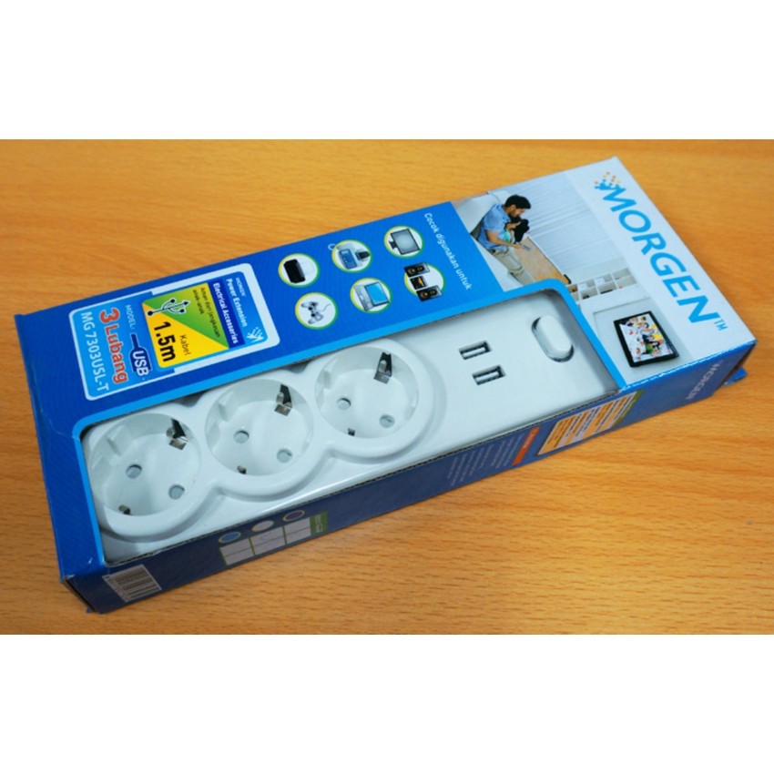 MG7303USL-T Morgen Stop Kontak 3 Lubang + Saklar + kabel 1,5 m + 2 PORT USB