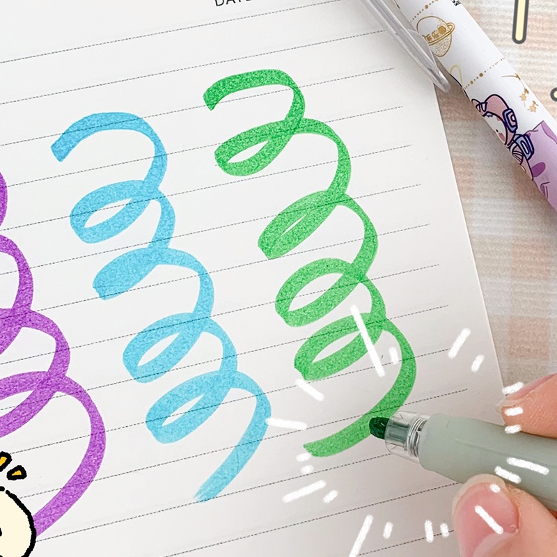 6pcs / Set Highlighter Kepala Bulat / Kotak Retractable Motif Kartun Warna-Warni