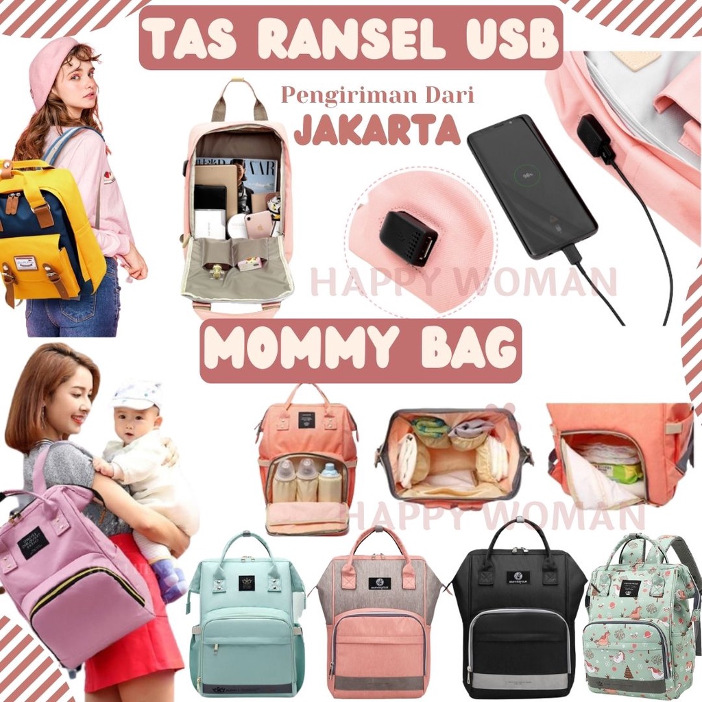 Tas Bayi Ransel Mommy Bag Motif Baby Bayolr Tas Popok Multifungsi Pilihan Mama Tas Ransel Wanita USB Tas Kerja Kantor Kuliah