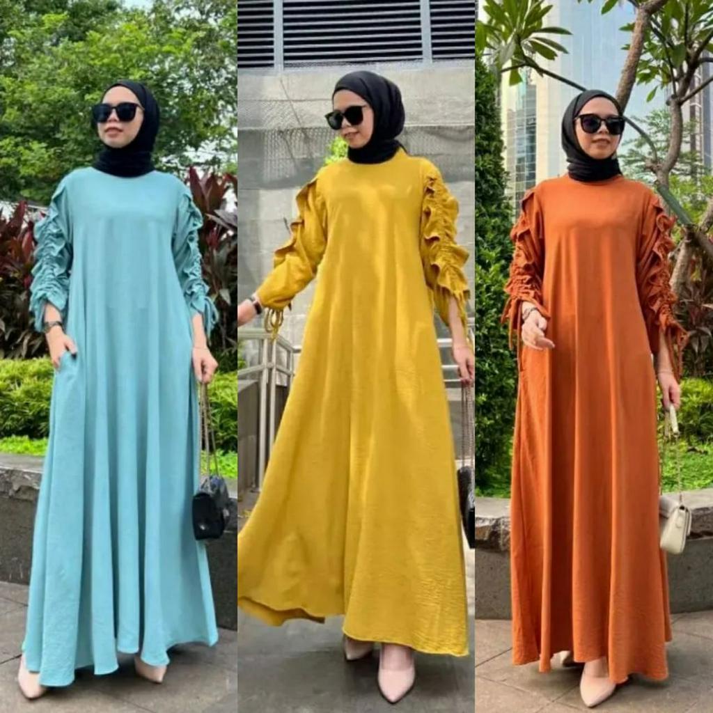 Raya Dress Lengan Serut Crinkle Airflow Premium Gamis Muslimah Terbaru