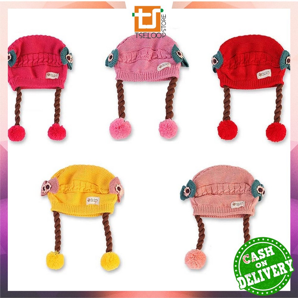 OFM-P19-21 Topi Anak Perempuan Rambut Kepang / Topi Bayi Kupluk Rajut Imut Lucu / Baby Hat Wig Impor-2