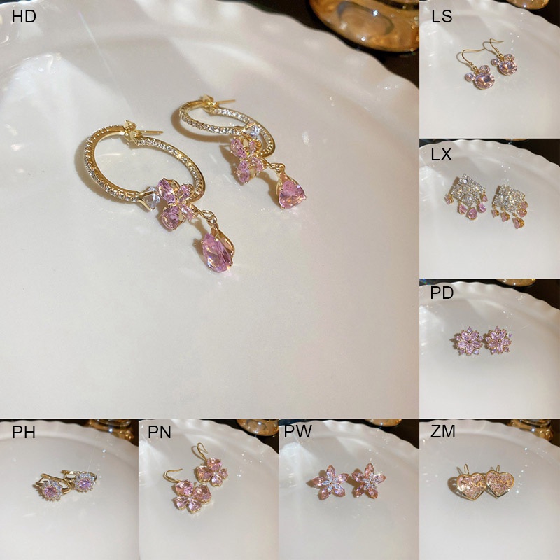 Anting Bentuk Hati Dan Bunga Aksen Zirkon Warna Pink Untuk Wanita