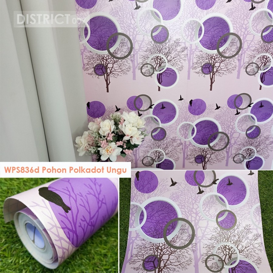 Wallpaper Dinding Motif Polkadot Pohon Ungu Ukuran Panjang 10Meter x Lebar 45CM