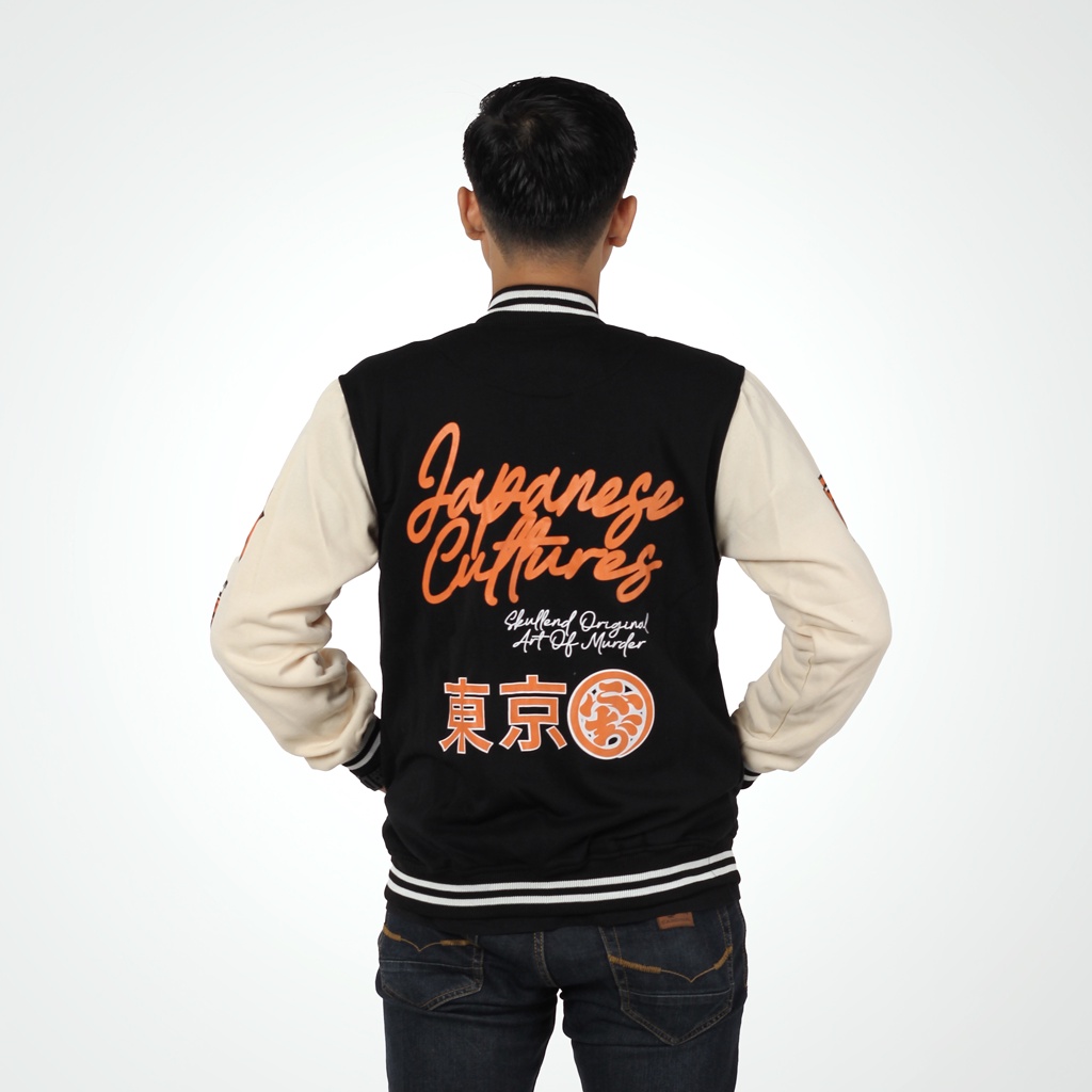 SKULLEND Jaket Varsity Baseball Vintage Pria Wanita Japanese Cultures Black Mocca