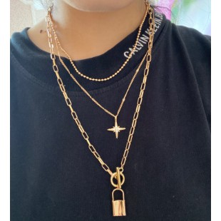 YEEZII Fashion Korea Retro Emas Kalung Kepribadian Sliver Pendant Lock Multilayer Rantai Perhiasan Aksesoris Hadiah