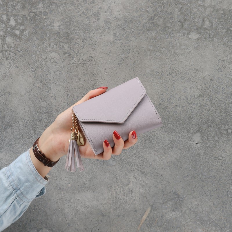 (8 WARNA, 1KG muat 15pcs) Dompet Kecil Polos Lipat Cewek Korea Gantungan GROSIR Lomenia LOD013-Ungu Muda