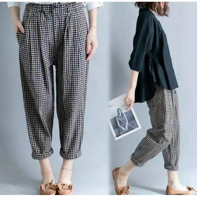 Celana Panjang Wanita Kotak-Kotak Pants