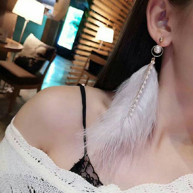 Anting tusuk emas mutiara kristal korea impor bulu boho bohemian merak unik lucu geometrik dior
