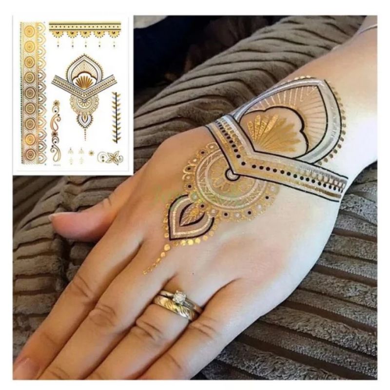 henna gold terbaru/1pcs PREMIUM sebelah &amp; sepasang free gliter &amp; manik2