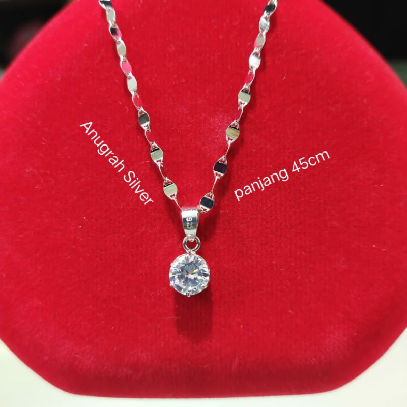 (COD)Kalung toscano/biji timun + liontin Desy remaja &amp; dewasa mata diamond putih kilau perak asli 925/Silver 925 lapisan emas putih murni!!!