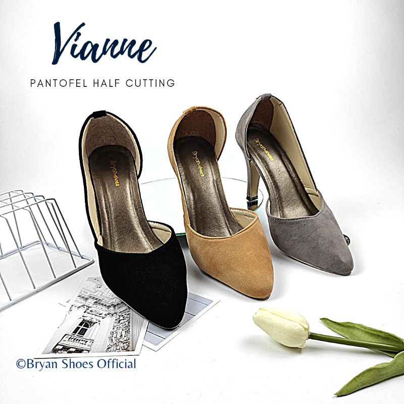 Bryan Vianne Suede Pantofel Heels 5cm 9cm Half Cutting Formal Kantor Polos Bigsize Oversize Jumbo 36-43