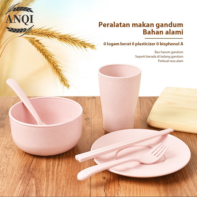 ANQI 6pcs Peralatan makan portabel anak-anak sendok sumpit jerami gandum mangkuk dan cangkir