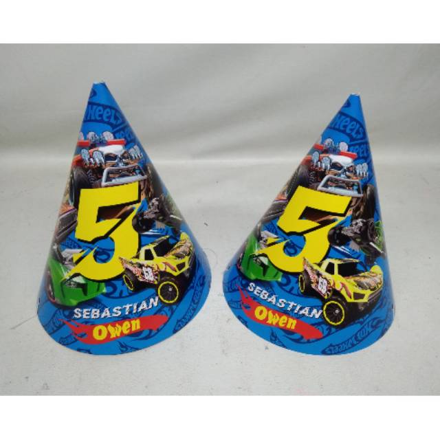 Topi kerucut hotwheels / topi ultah kerucut hotwheels