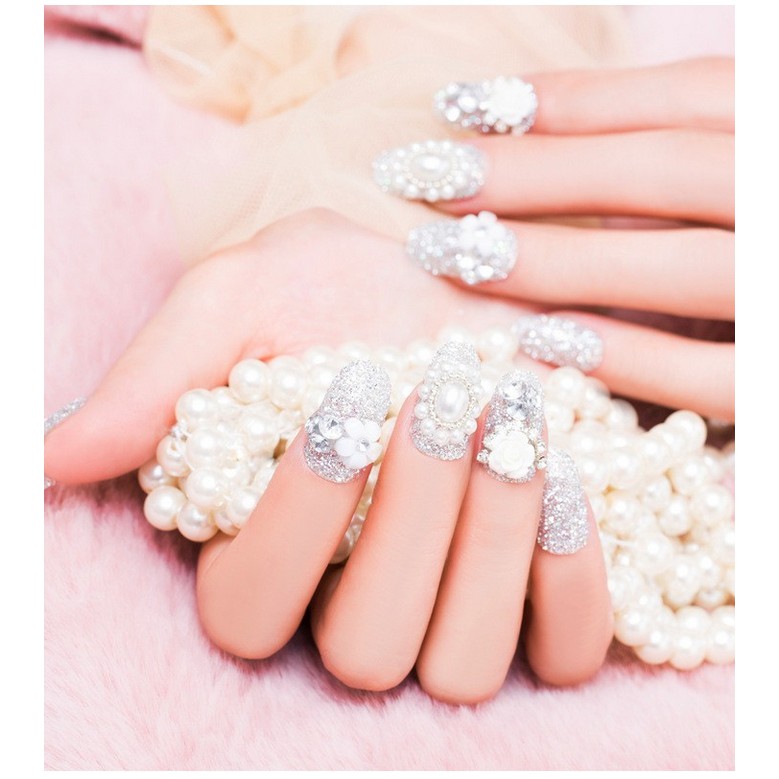 NAIL ART - 24 Pcs kuku warna silver bertabur hiasan cocok u/wedding