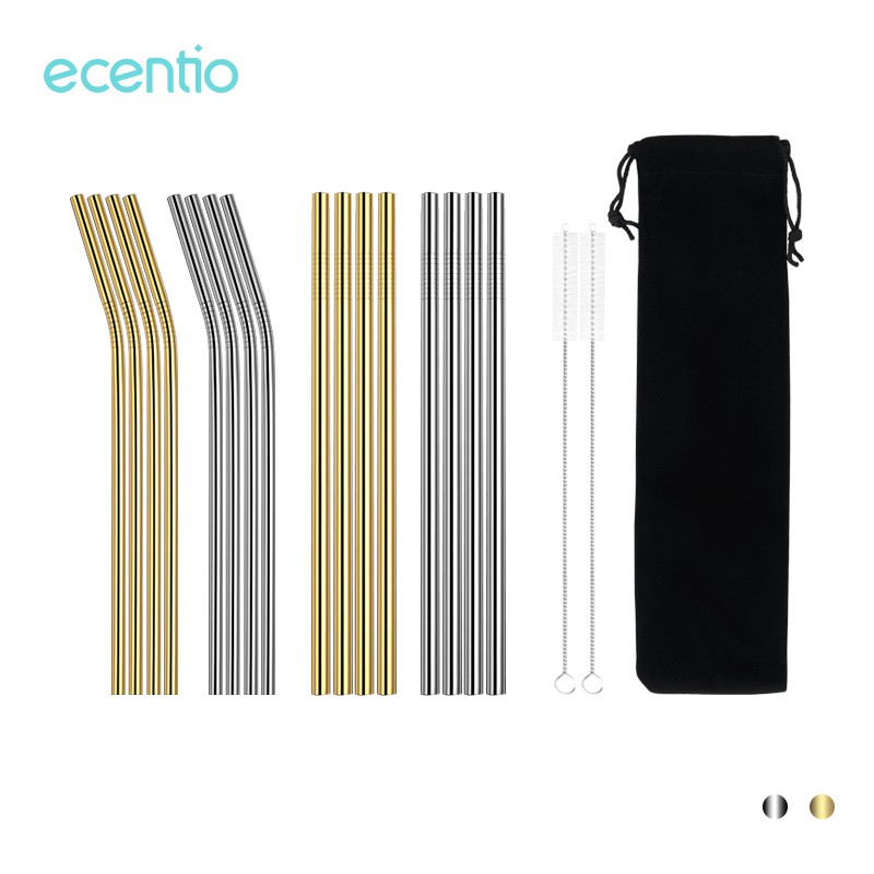 

Ecentio 11PC/set Stainless Steel Drinking Straw(2 brush+4 Lurus straw+4 Sedotan melengkung+1 Pouch)