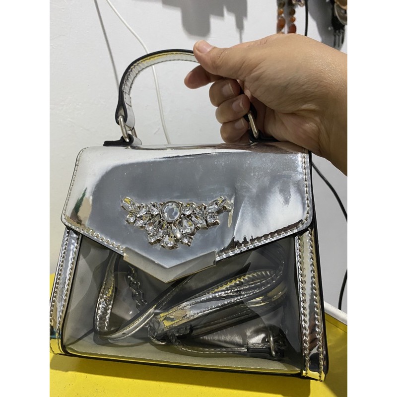 Preloved tas ALDO Sinovia Top Handle ORI warna Silver lengkap soft bag