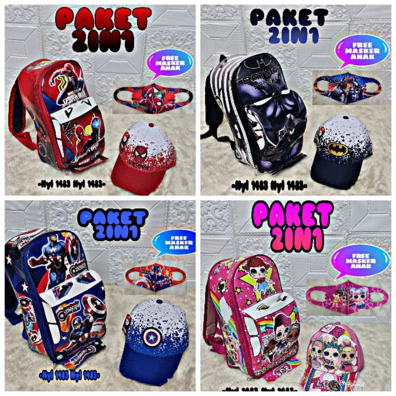 Tas ransel anak paud motif mobil superhero gratis topi masker