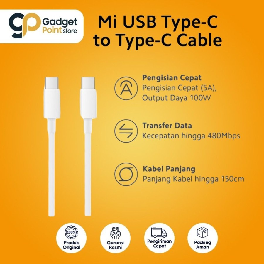 Kabel Data | Mi USB Type C to Type C Cable 150Cm Mendukung Arus 5A - Garansi 1 Tahun