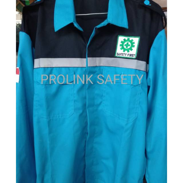 SERAGAM BAJU SAFETY BIRU TOSKA HITAM KANCING