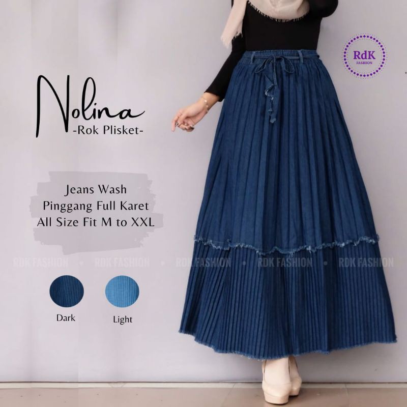 NOLINA ROK PLISKET BY RDK FASHION BAHAN JEANS WASH PINGGANG FULL KARET FIT M TO XXL