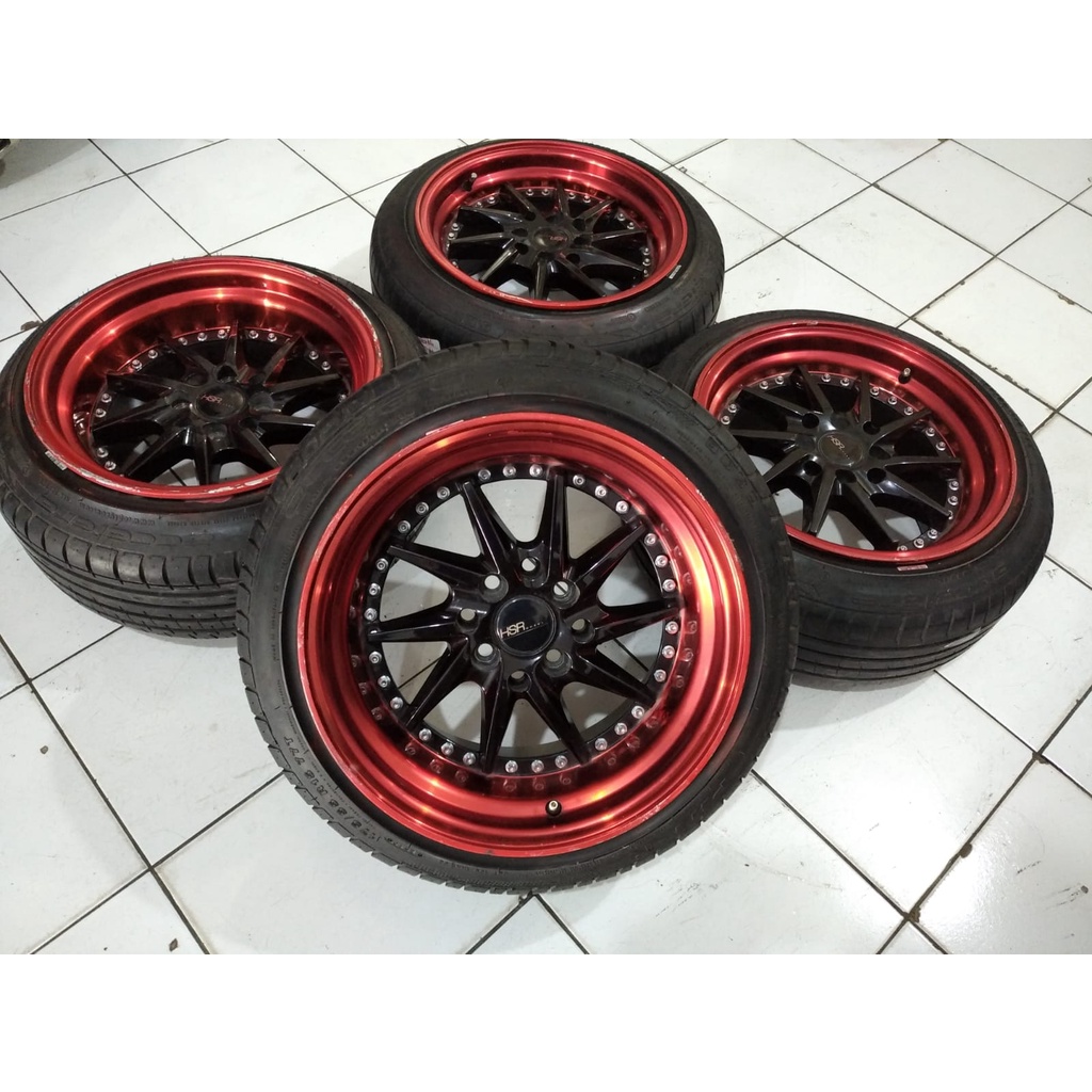 velg mobil bekas ring 15 model celong lubang baut 8x100-114 warna hitam merah plus ban