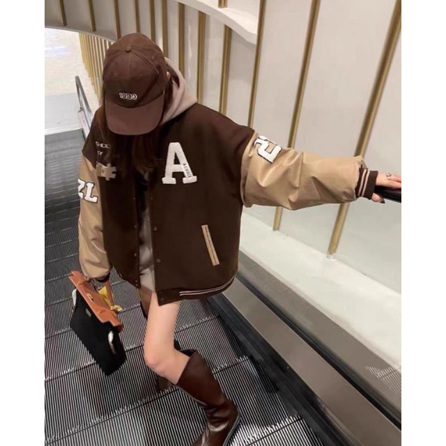 Achook Jaket Baseball Wanita Oversize Size M.L.XL | Jaket Varsity Baseball Wanita Oversize | Jaket Korean Style-3