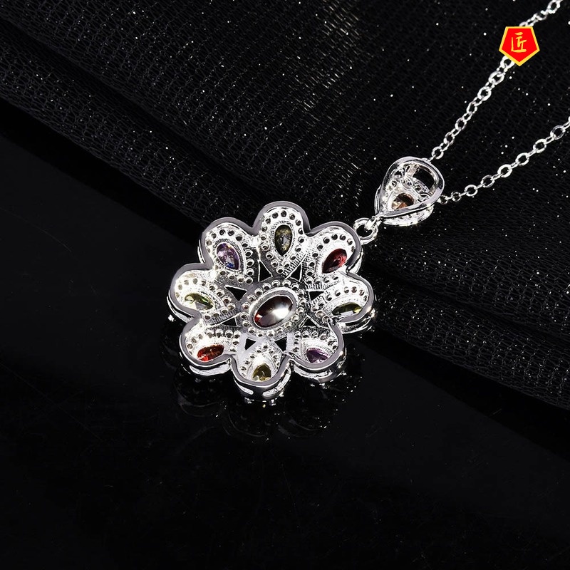 [Ready Stock]Luxury Colorful Tourmaline Pendant Micro-Inlaid Full Diamond Necklace Elegant