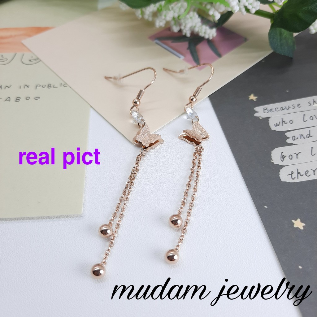 Anting Tusuk Titanium Aksen Kupu-Kupu Jurai Dengan Diamond Tersedia Warna Rose Gold dan Gold