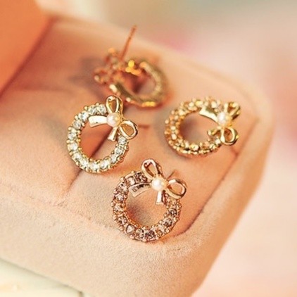 Korean version of fashion new popular diamond rhinestone pearl bow stud earrings 210807