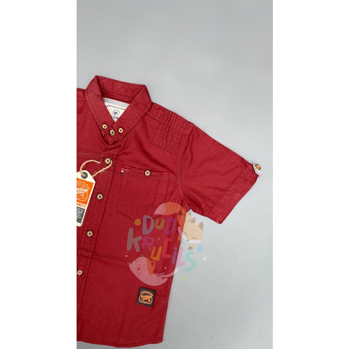 Kemeja anak premium warna merah dan abu muda goldboy | DUO KRUCILS