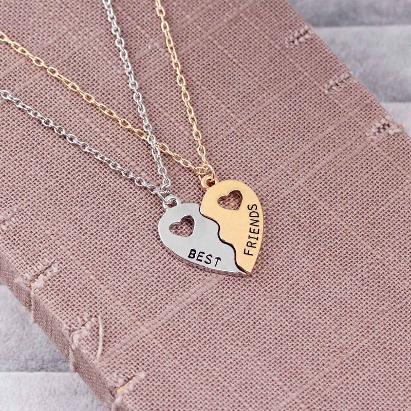 2Pcs Friend Heart Silver Tone Rhinestone Pendant Necklace Bff Friendship Jewelry