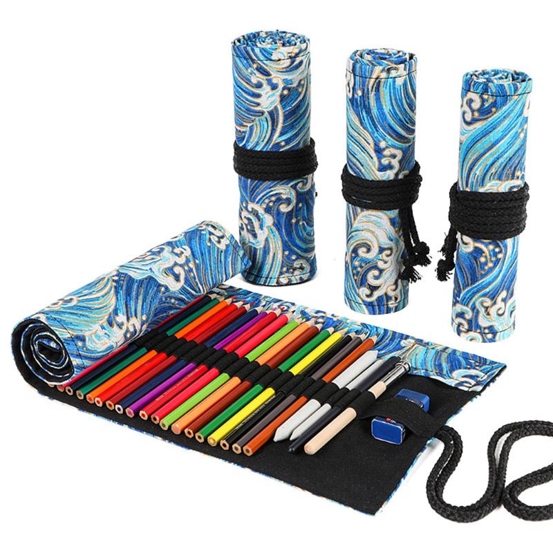 

12/24/36/48/72 Holes Canvas Roll Up Pencil Bag Pen Curtain Case Makeup Wrap Holder Storage Pouch Sch