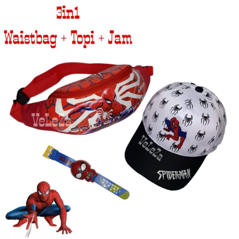 Waistbag anak karakter spiderman 3in1 - waistbag + topi bordir + jam