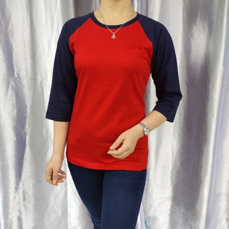 Kaos Raglan Polos MERAH-NAVY Lengan 3/4 Uk 20 22 S M L XL XXL