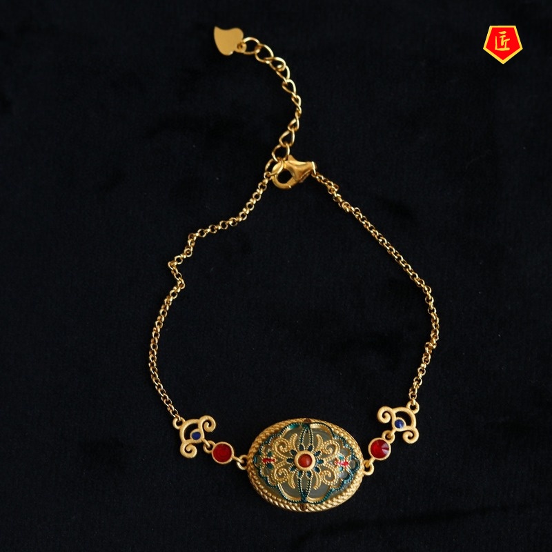 [Ready Stock]Gold Vintage Hetian Jade Bracelet Female Ethnic Style