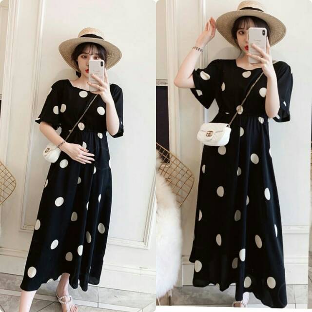maxi long dress gamis dress polka hitam korea